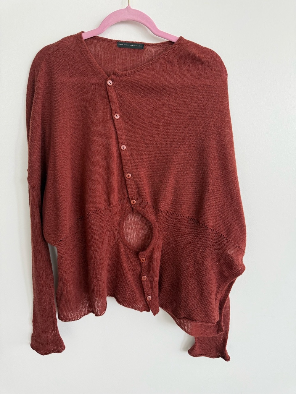 Asymmetrical Button Cardigan in Rust from Barcelona Designer Lurdes Bergada